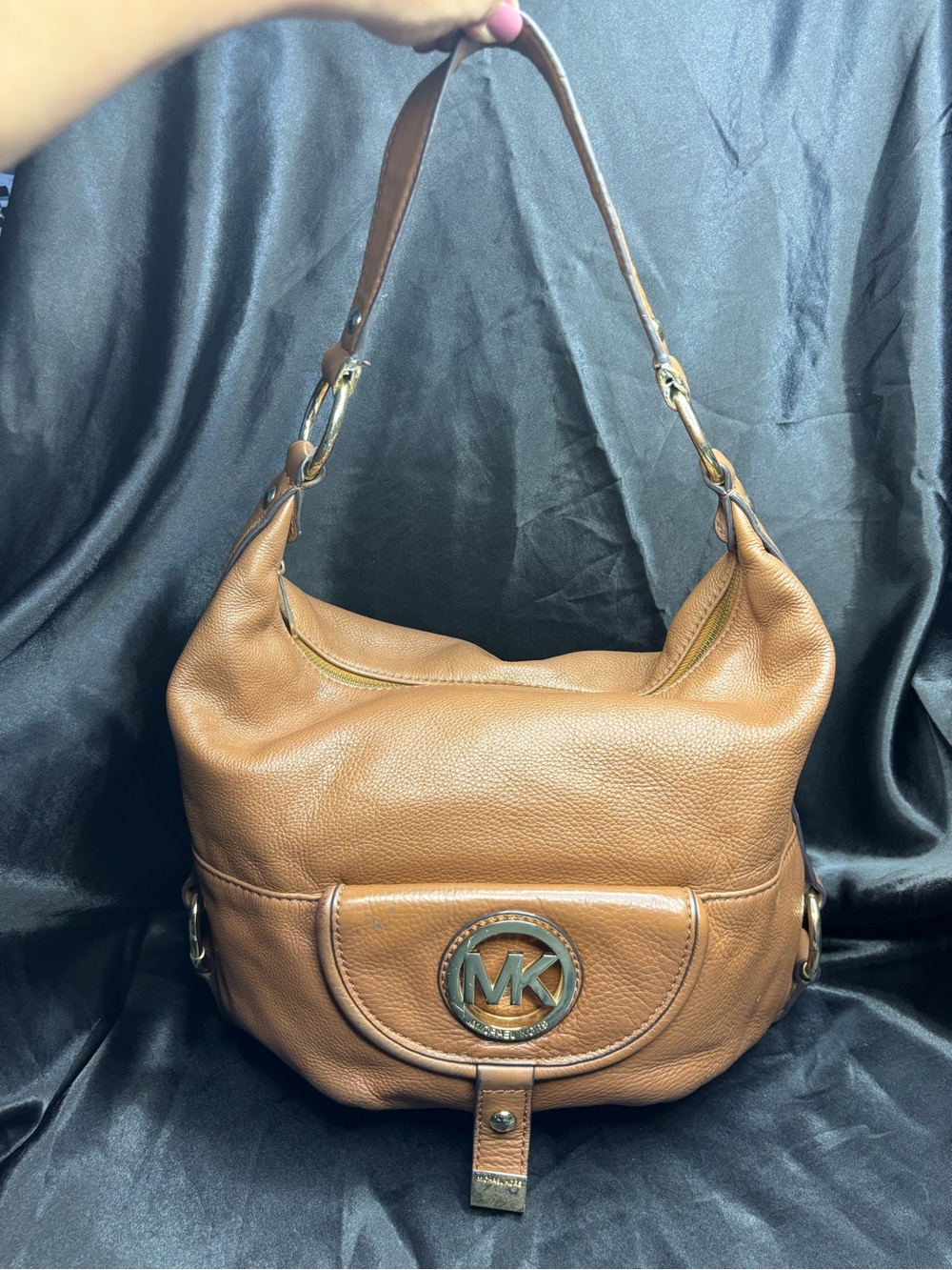 Michael Kors Cognac Pebbled Leather Hobo Shoulder Bag with MK Medallion